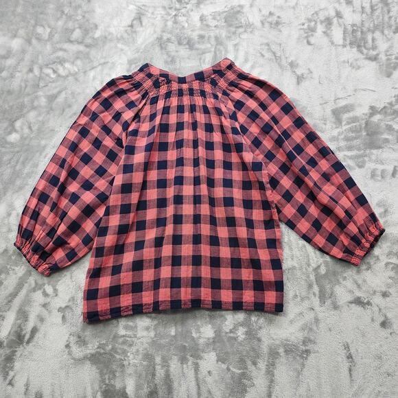 NEW Time and Tru Top Womens M Blue Pink Button Down 3/4 Puff Sleeves Peasant - Picture 2 of 9